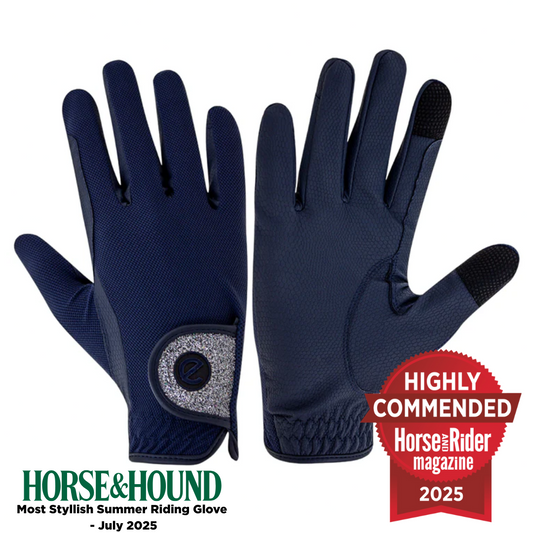 eQUEST GripPro X-LITE Riding Gloves - Blue & Silver Glitter Cuff