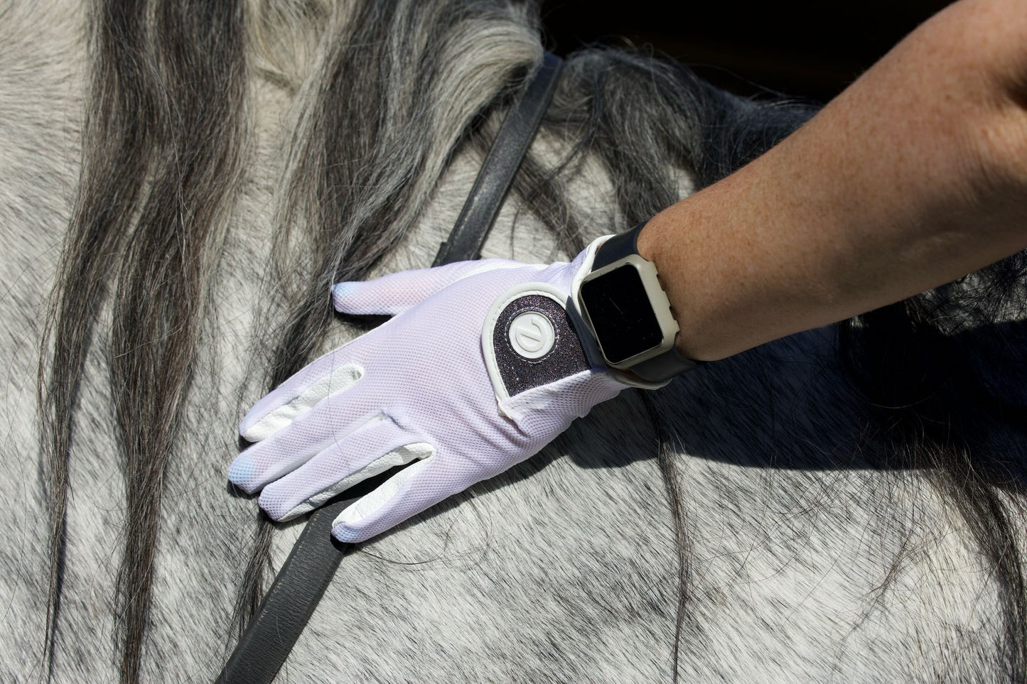eQUEST GripPro X-LITE Riding Gloves - White & Silver Glitter Cuff