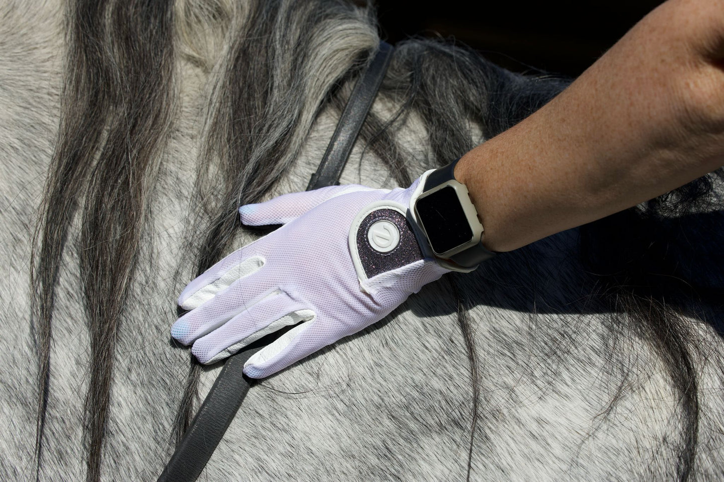 eQUEST GripPro X-LITE Riding Gloves - White & Silver Glitter Cuff
