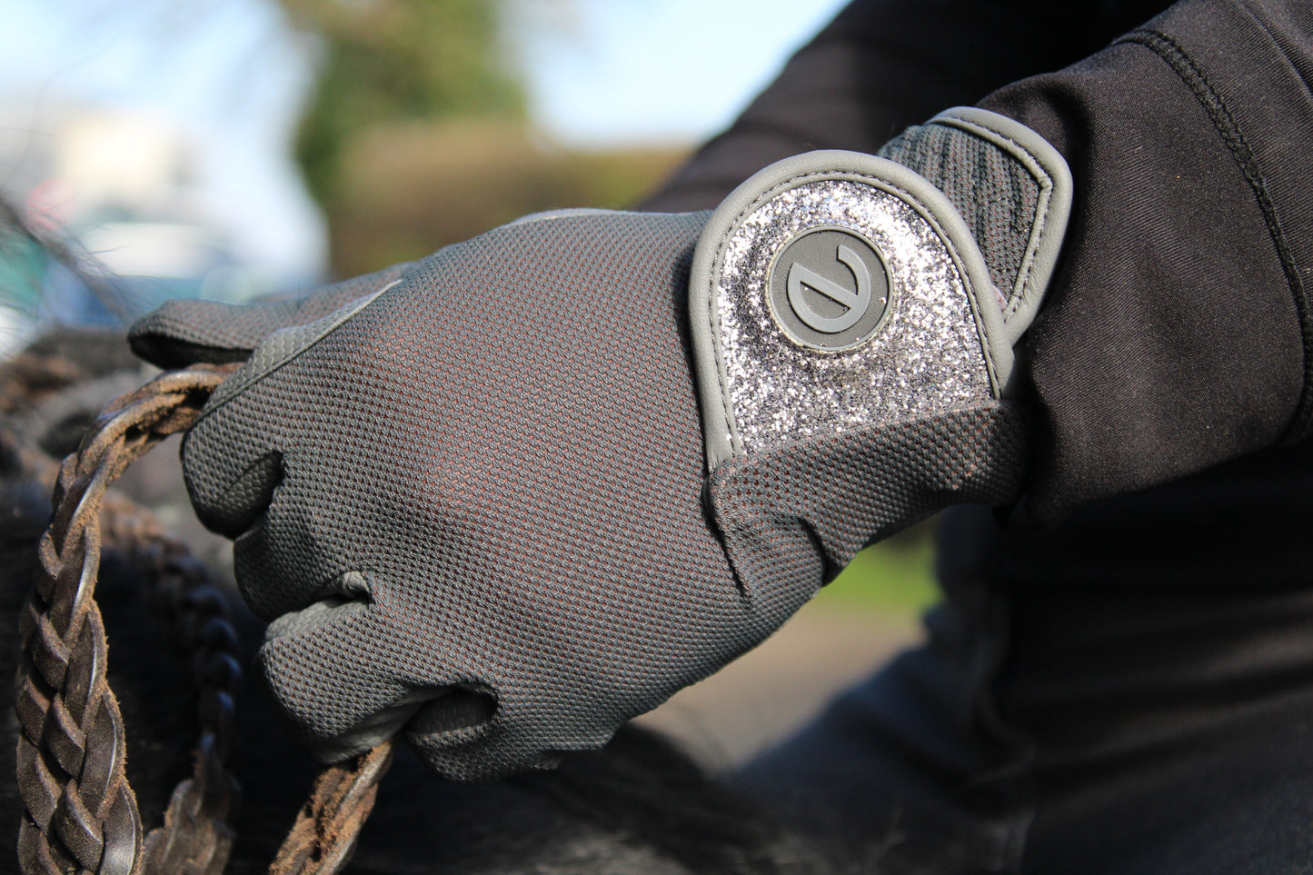 eQUEST GripPro X-LITE Riding Gloves - Grey & Silver Glitter Cuff