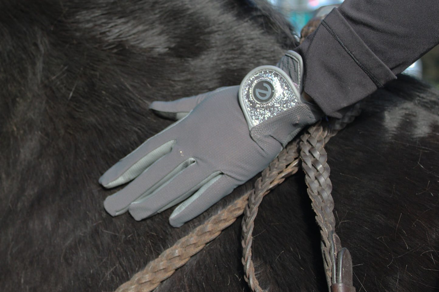 eQUEST GripPro X-LITE Riding Gloves - Grey & Silver Glitter Cuff